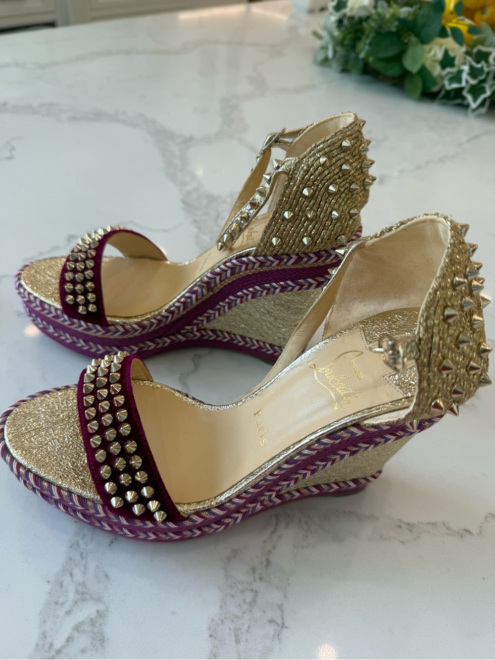 Christian Louboutin Gold & Burgundy Studded Wedge Sandals for Women
